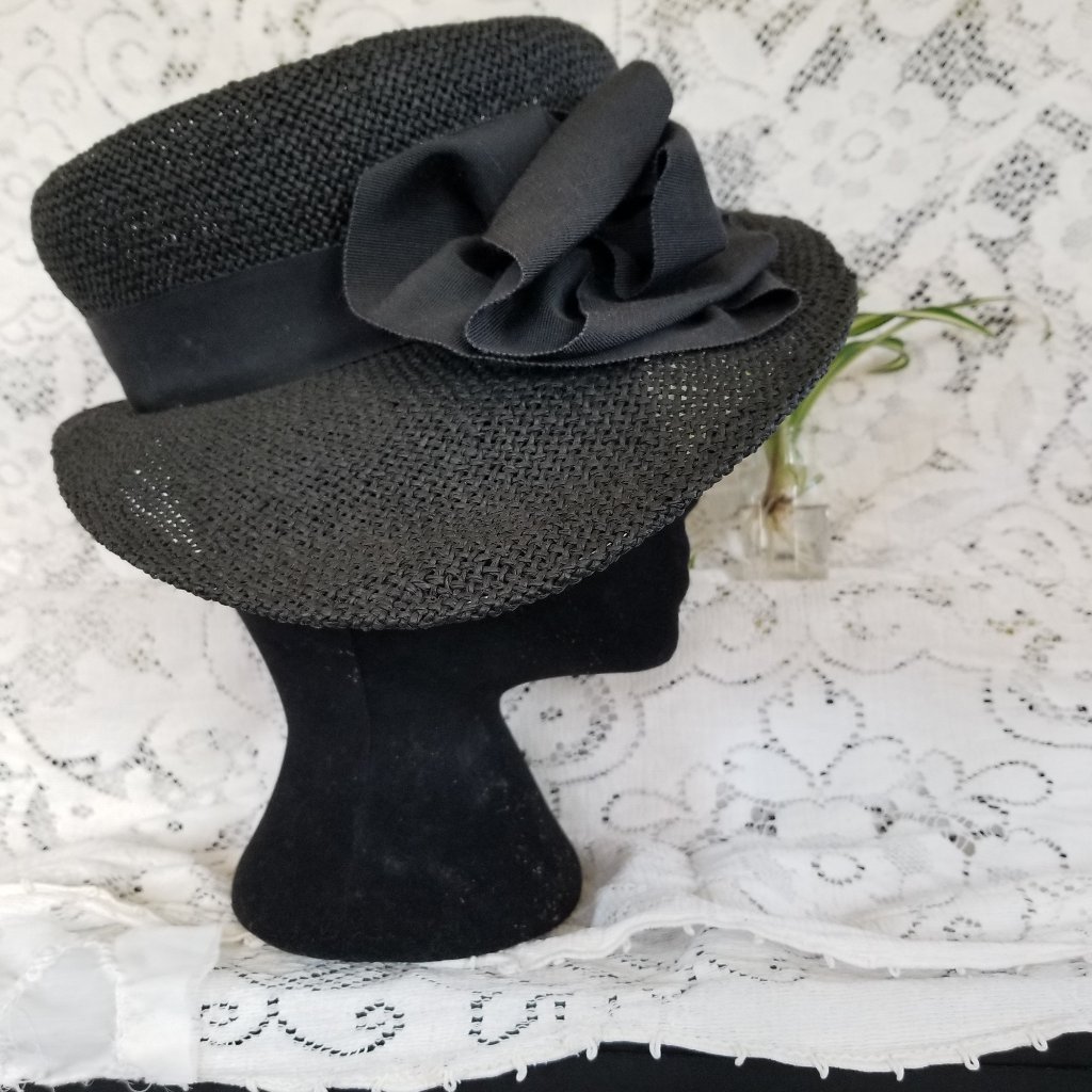 Gothic Barbie 90s Black Hat, Vintage Sun Hat, Wide Woven Brim W Ribbon & Bow